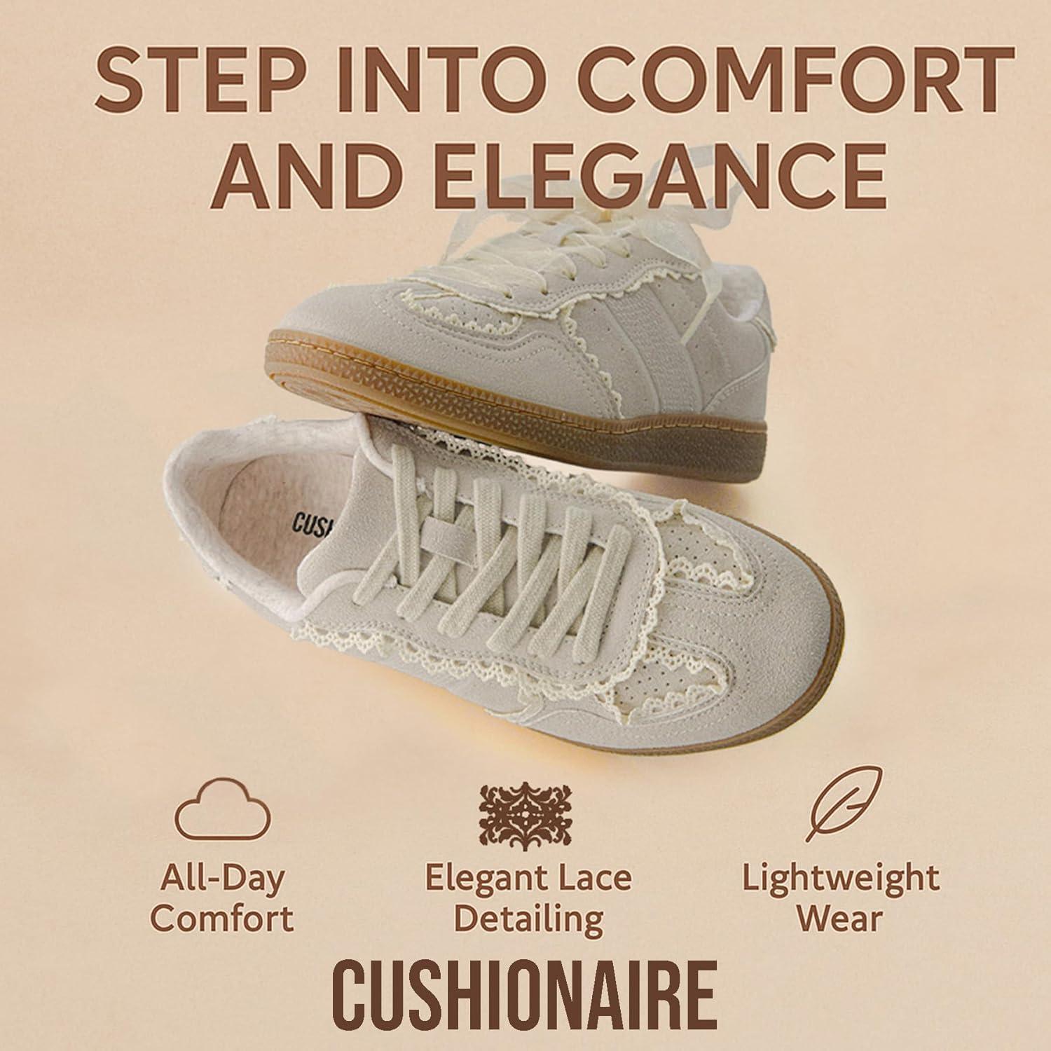 imageCUSHIONAIRE Belinda Womens Lace Detail Casual Sneakers  Elegant Ribbon LaceUp Shoes with Memory FoamIvory Vegan Suede
