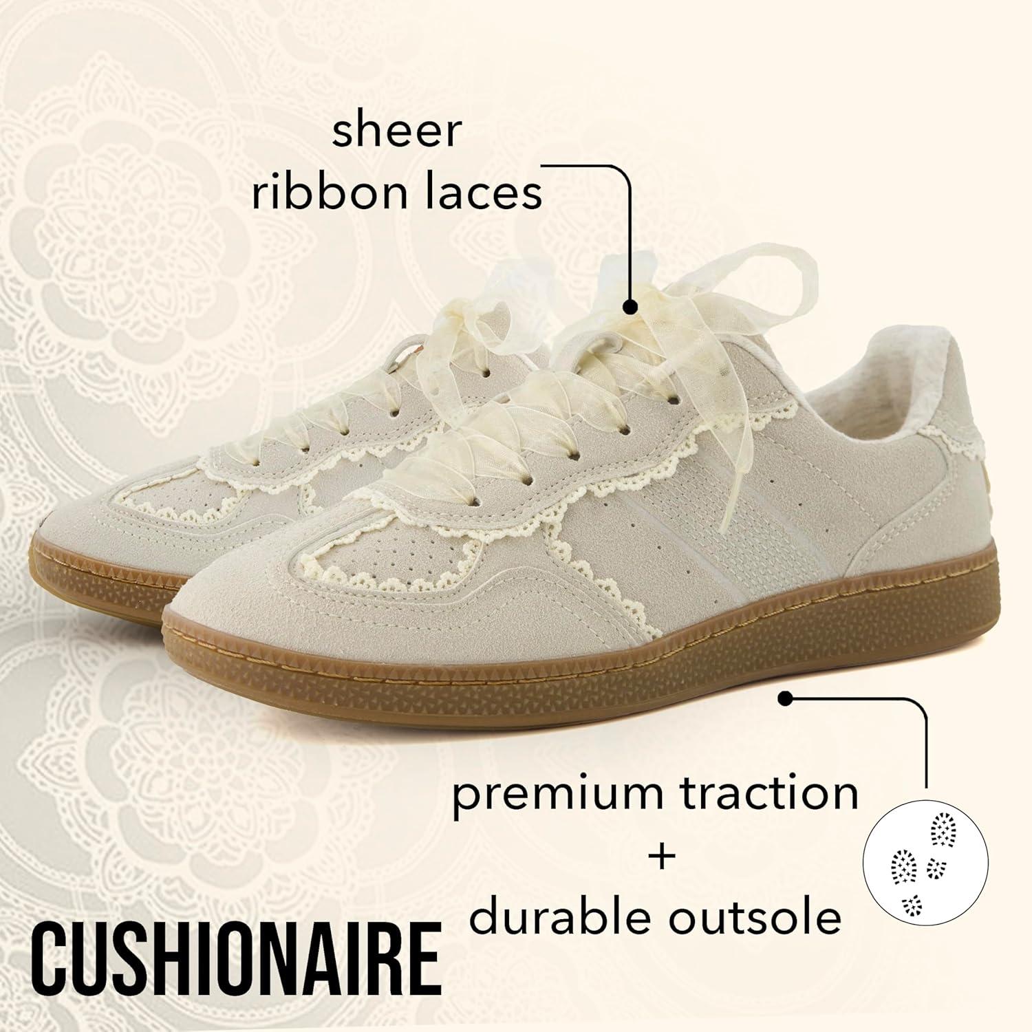imageCUSHIONAIRE Belinda Womens Lace Detail Casual Sneakers  Elegant Ribbon LaceUp Shoes with Memory FoamIvory Vegan Suede