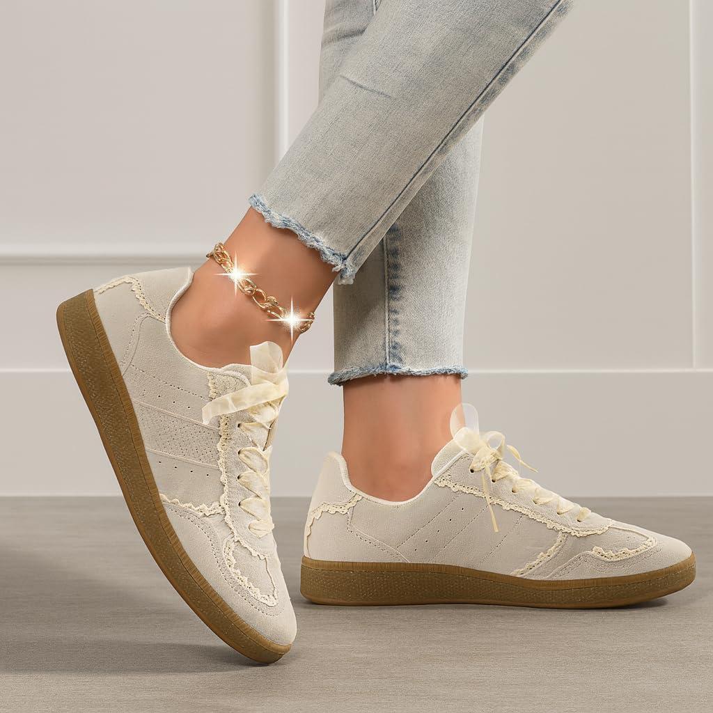 imageCUSHIONAIRE Belinda Womens Lace Detail Casual Sneakers  Elegant Ribbon LaceUp Shoes with Memory FoamIvory Vegan Suede