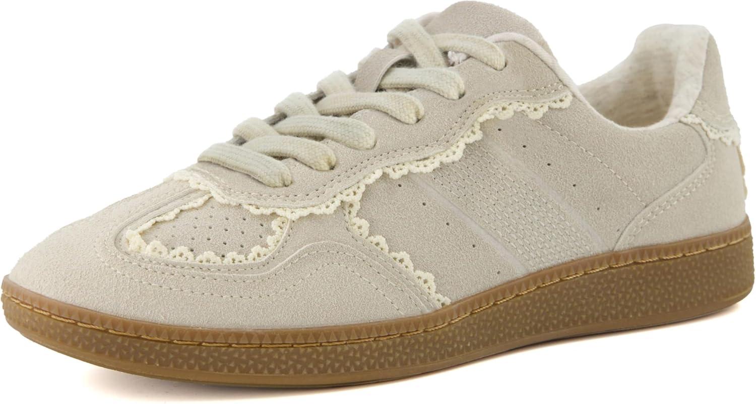 imageCUSHIONAIRE Belinda Womens Lace Detail Casual Sneakers  Elegant Ribbon LaceUp Shoes with Memory FoamIvory Vegan Suede