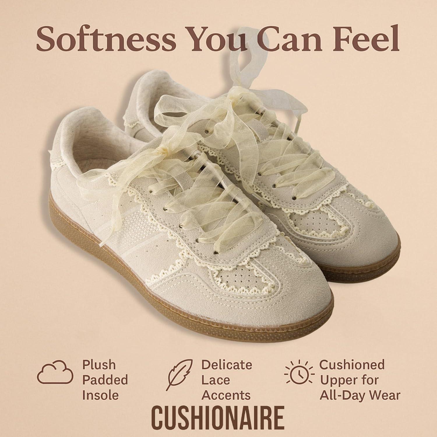 imageCUSHIONAIRE Belinda Womens Lace Detail Casual Sneakers  Elegant Ribbon LaceUp Shoes with Memory FoamIvory Vegan Suede