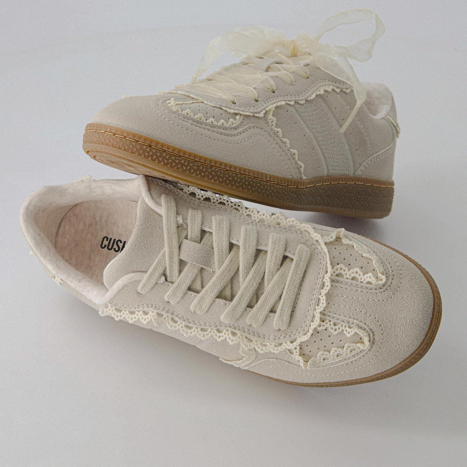imageCUSHIONAIRE Belinda Womens Lace Detail Casual Sneakers  Elegant Ribbon LaceUp Shoes with Memory FoamIvory Vegan Suede