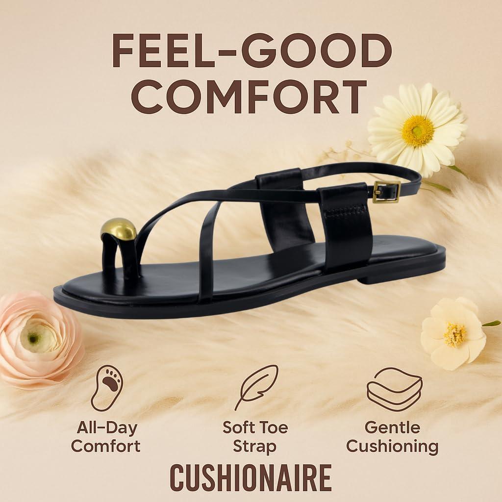 imageCUSHIONAIRE Corfu Flat Sandals for Women  Strappy Design with Toe Loop and Adjustable Ankle Strap  Lightweight Summer Dress SandalBlack