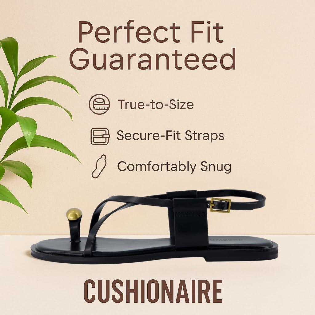 imageCUSHIONAIRE Corfu Flat Sandals for Women  Strappy Design with Toe Loop and Adjustable Ankle Strap  Lightweight Summer Dress SandalBlack