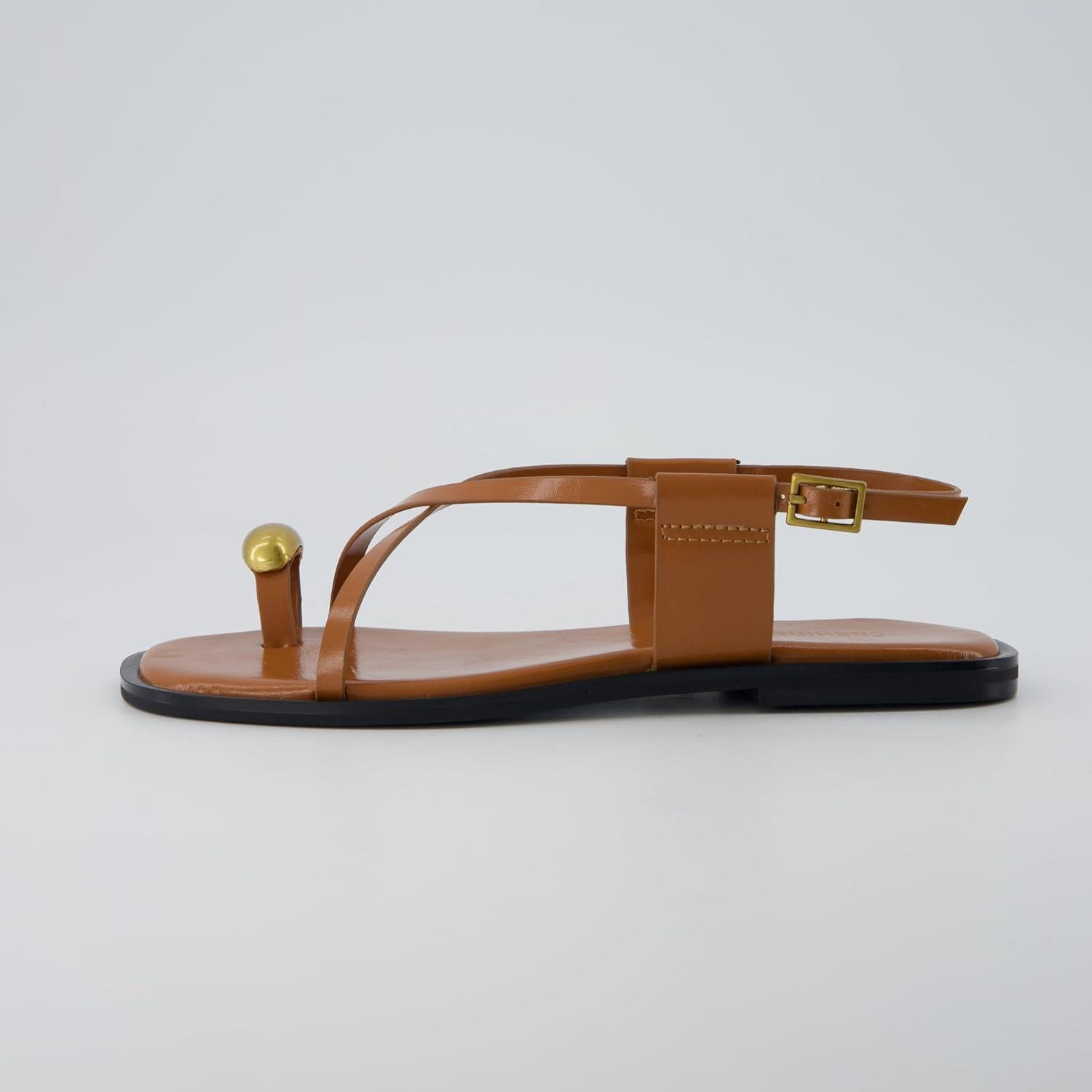 imageCUSHIONAIRE Corfu Flat Sandals for Women  Strappy Design with Toe Loop and Adjustable Ankle Strap  Lightweight Summer Dress SandalCognac