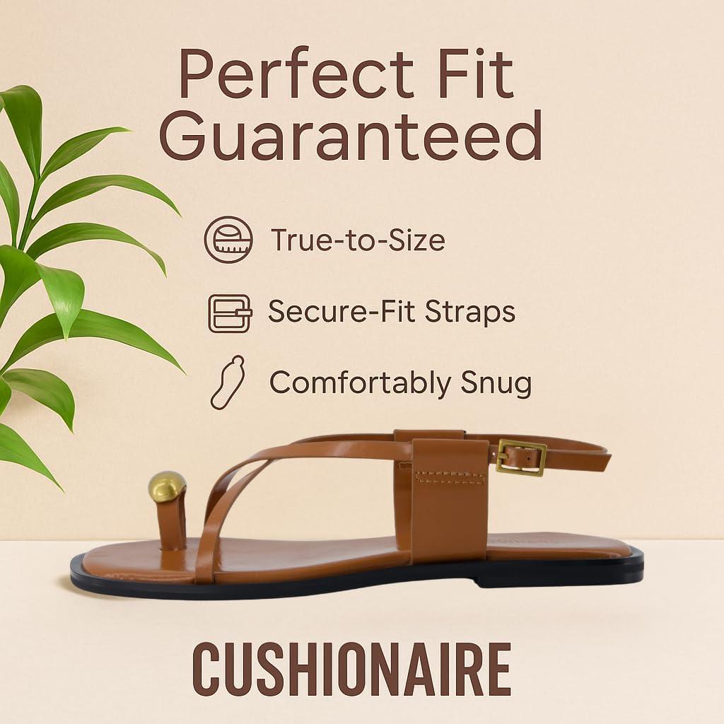 imageCUSHIONAIRE Corfu Flat Sandals for Women  Strappy Design with Toe Loop and Adjustable Ankle Strap  Lightweight Summer Dress SandalCognac