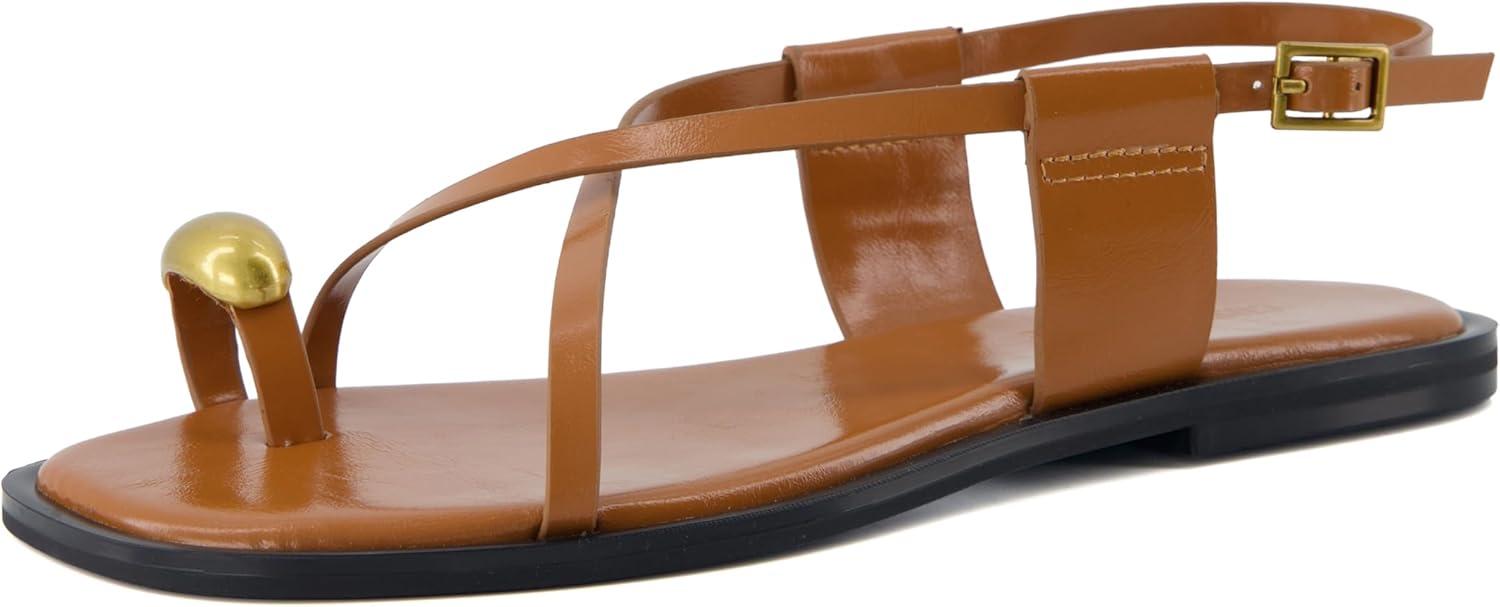 imageCUSHIONAIRE Corfu Flat Sandals for Women  Strappy Design with Toe Loop and Adjustable Ankle Strap  Lightweight Summer Dress SandalCognac