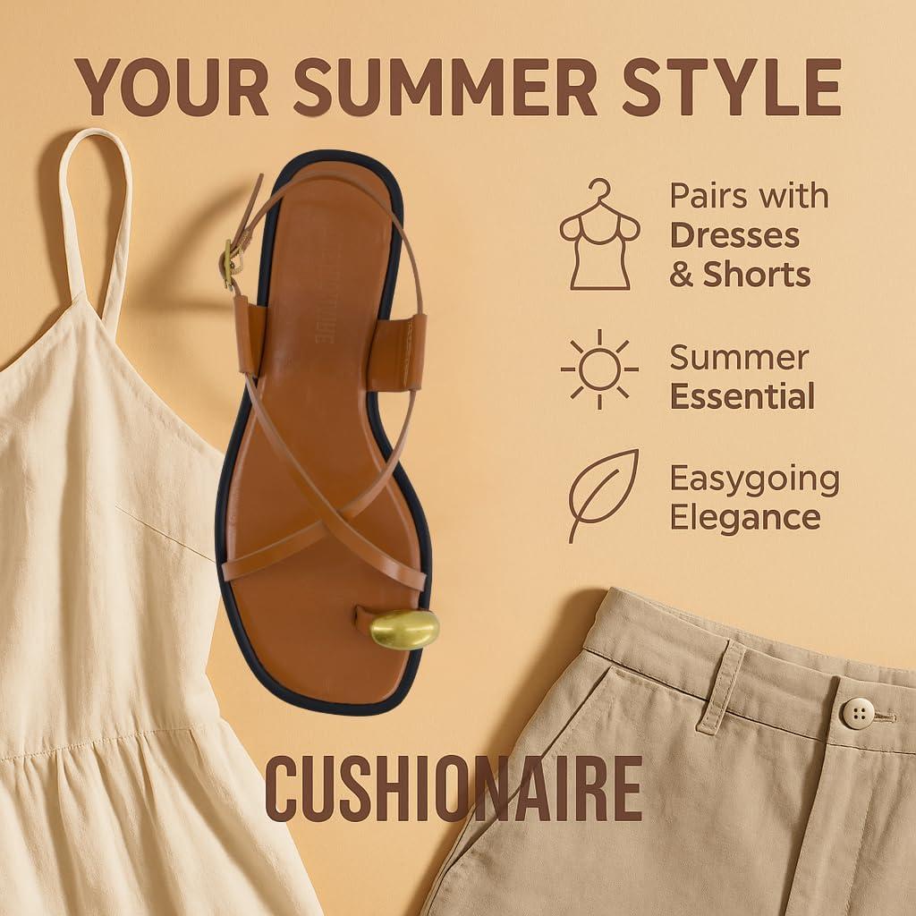 imageCUSHIONAIRE Corfu Flat Sandals for Women  Strappy Design with Toe Loop and Adjustable Ankle Strap  Lightweight Summer Dress SandalCognac