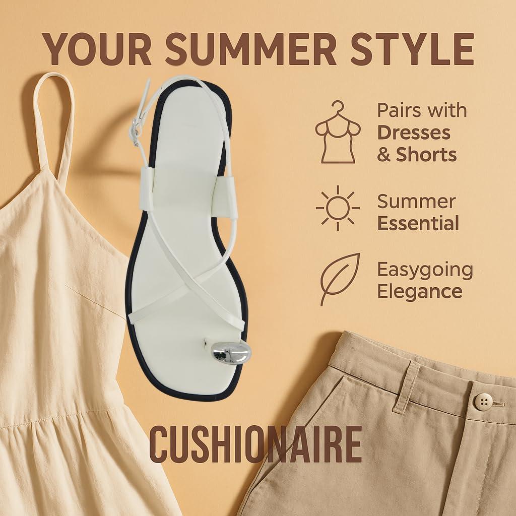 imageCUSHIONAIRE Corfu Flat Sandals for Women  Strappy Design with Toe Loop and Adjustable Ankle Strap  Lightweight Summer Dress SandalWhite