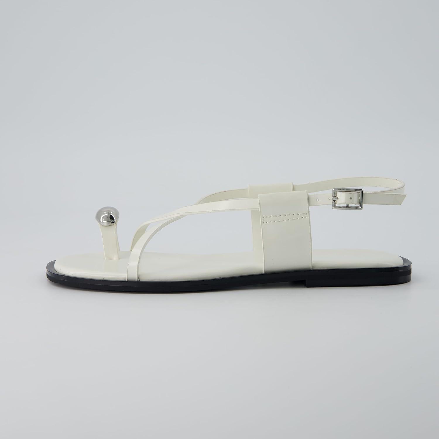 imageCUSHIONAIRE Corfu Flat Sandals for Women  Strappy Design with Toe Loop and Adjustable Ankle Strap  Lightweight Summer Dress SandalWhite