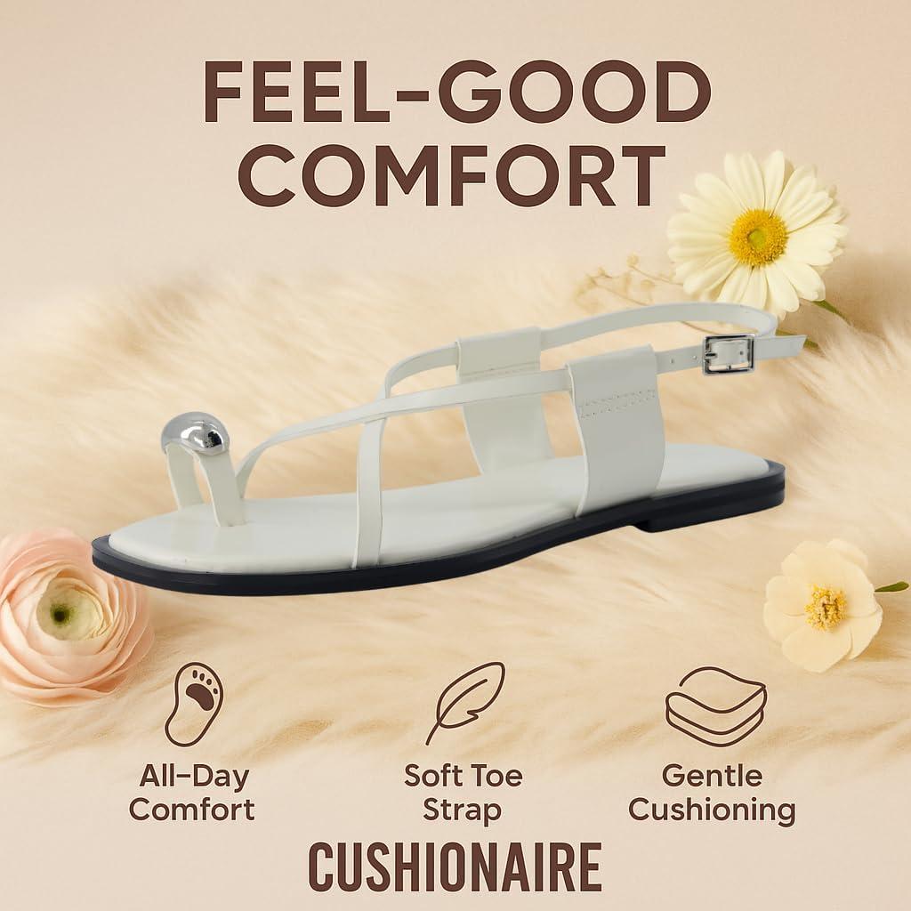 imageCUSHIONAIRE Corfu Flat Sandals for Women  Strappy Design with Toe Loop and Adjustable Ankle Strap  Lightweight Summer Dress SandalWhite