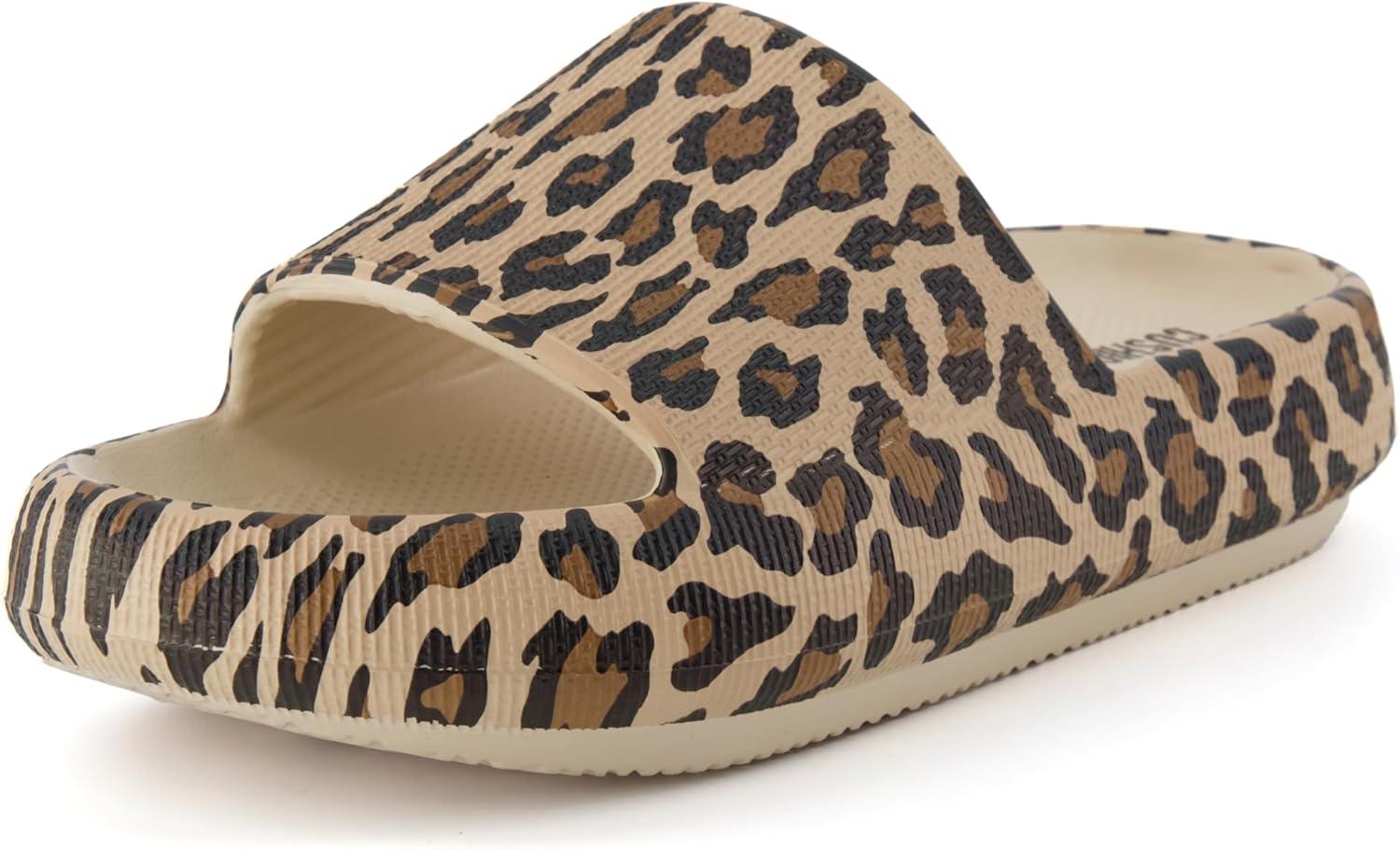 imageCUSHIONAIRE Feather EVA Slides for Women  Comfortable Slip On Womens Slippers Indoor Outdoor Shower Shoes Beach Essential Cloud SlidesLeopard