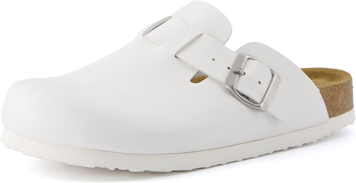 imageCUSHIONAIRE Hana Womens Clogs  Comfortable Vegan Suede Clogs for Women  Slip On Potato Shoes with Cork Footbed ampamp Arch Support  Memory Foam Wide Widths AvailableWhite