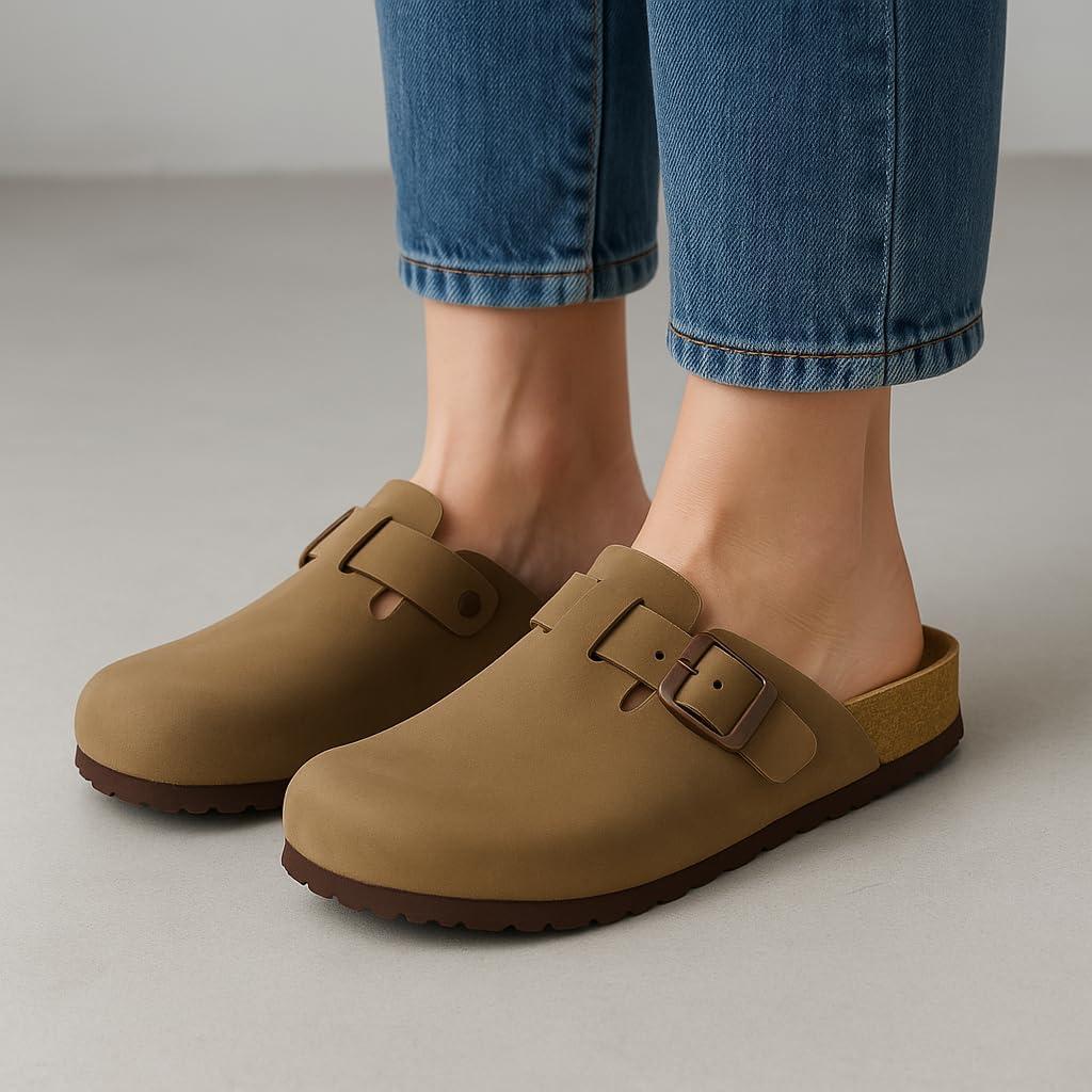 imageCUSHIONAIRE Hana Womens Clogs  Comfortable Vegan Suede Clogs for Women  Slip On Potato Shoes with Cork Footbed ampamp Arch Support  Memory Foam Wide Widths AvailableBrown