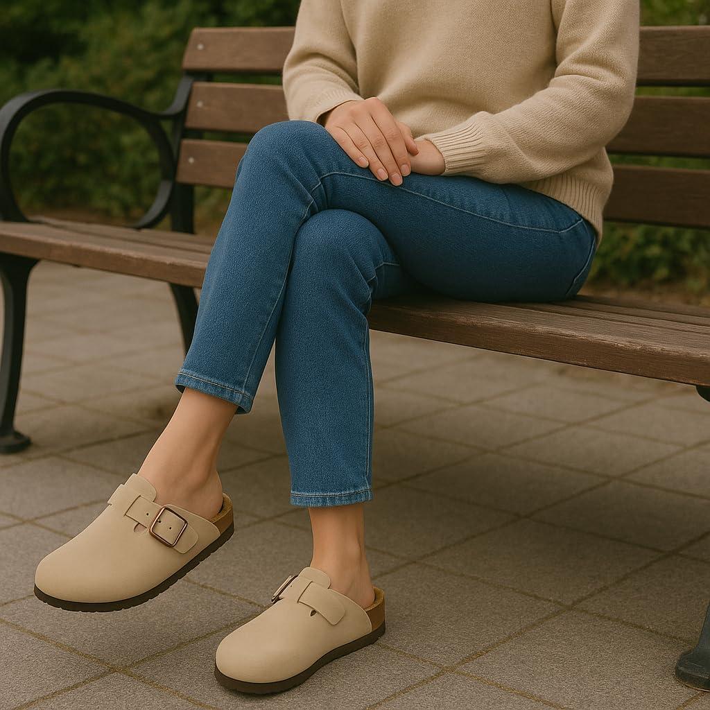 imageCUSHIONAIRE Hana Womens Clogs  Comfortable Vegan Suede Clogs for Women  Slip On Potato Shoes with Cork Footbed ampamp Arch Support  Memory Foam Wide Widths AvailableStone