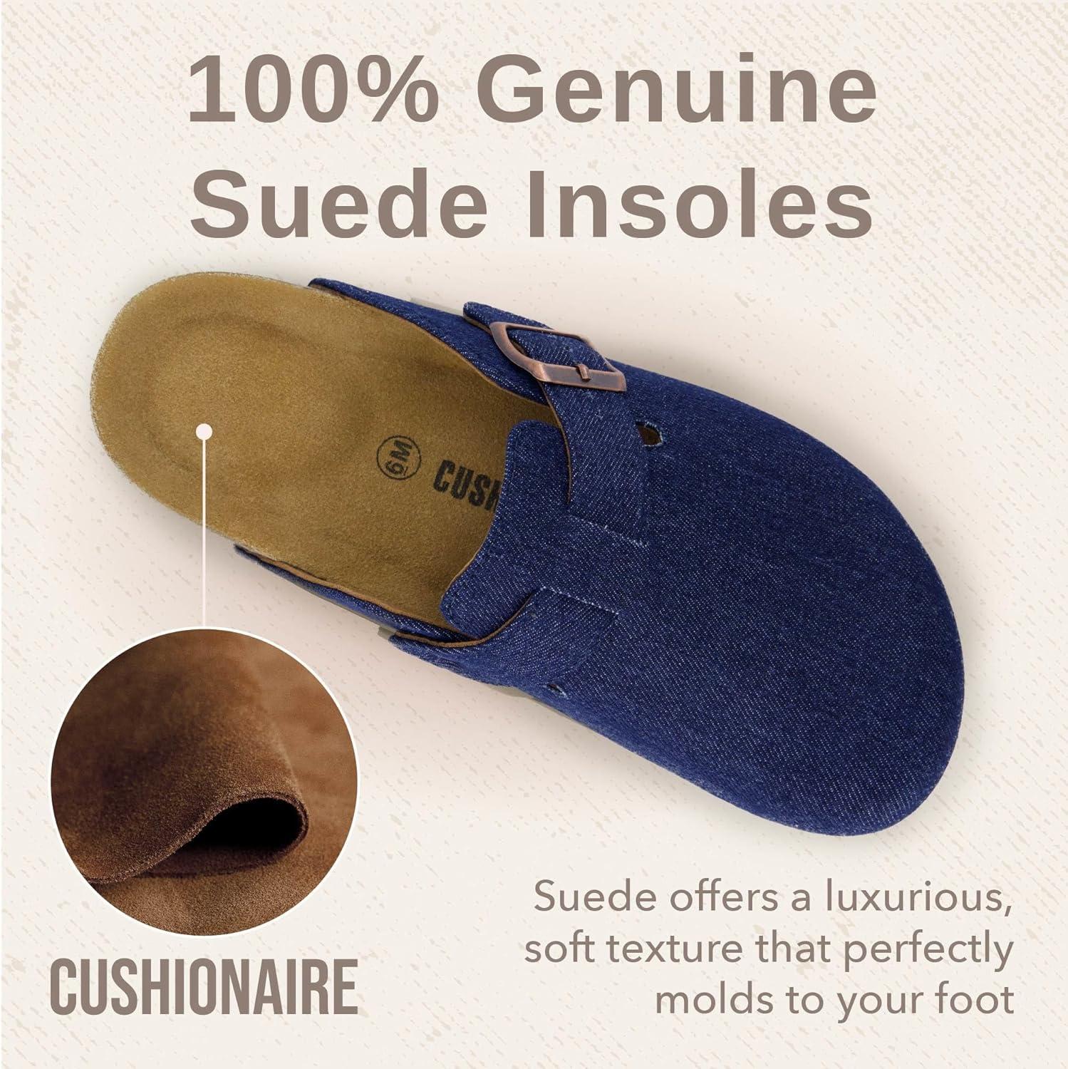imageCUSHIONAIRE Hana Womens Clogs  Comfortable Vegan Suede Clogs for Women  Slip On Potato Shoes with Cork Footbed ampamp Arch Support  Memory Foam Wide Widths AvailableDark Denim