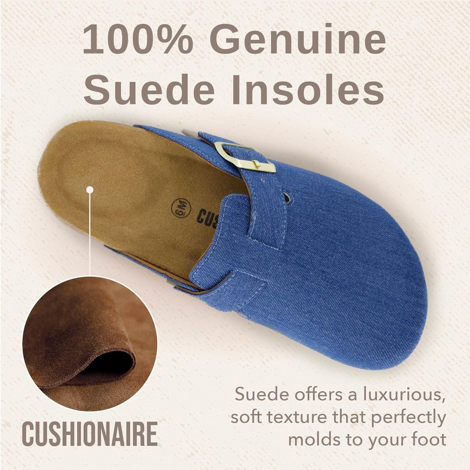 imageCUSHIONAIRE Hana Womens Clogs  Comfortable Vegan Suede Clogs for Women  Slip On Potato Shoes with Cork Footbed ampamp Arch Support  Memory Foam Wide Widths AvailableLight Denim