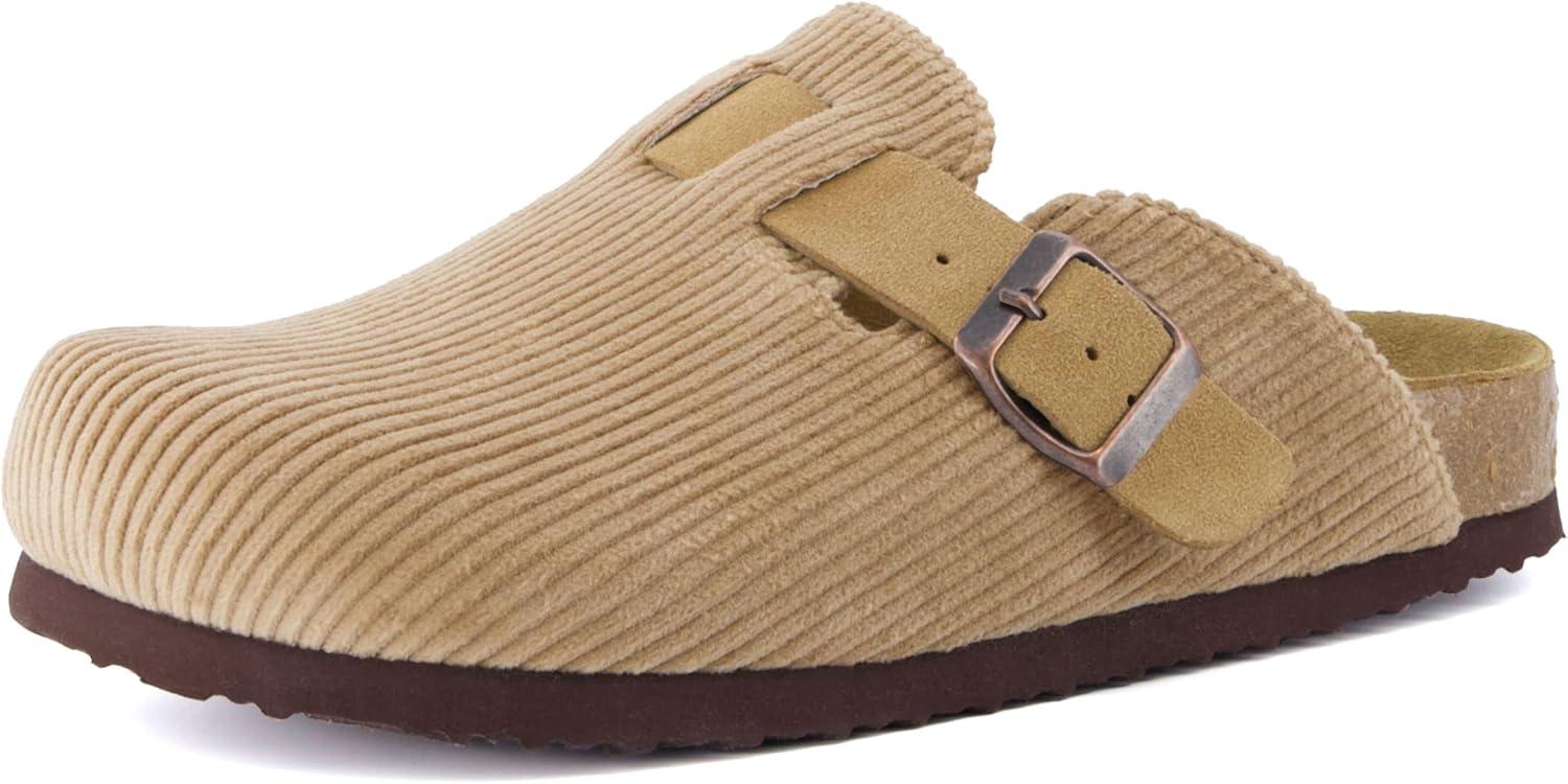imageCUSHIONAIRE Hana Womens Clogs  Comfortable Vegan Suede Clogs for Women  Slip On Potato Shoes with Cork Footbed ampamp Arch Support  Memory Foam Wide Widths AvailableTaupe Corduroy