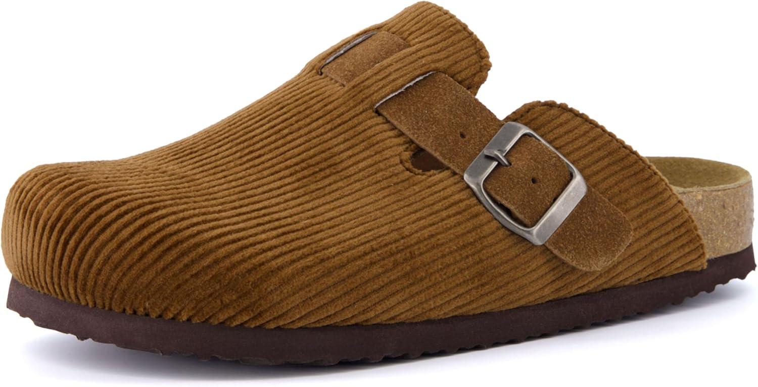 imageCUSHIONAIRE Hana Womens Clogs  Comfortable Vegan Suede Clogs for Women  Slip On Potato Shoes with Cork Footbed ampamp Arch Support  Memory Foam Wide Widths AvailableTan Corduroy