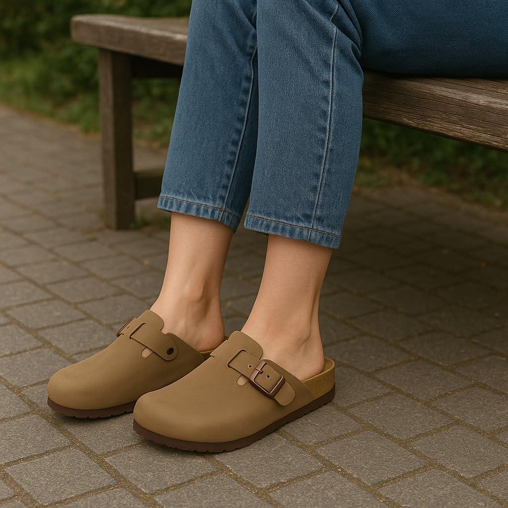 imageCUSHIONAIRE Hana Womens Clogs  Comfortable Vegan Suede Clogs for Women  Slip On Potato Shoes with Cork Footbed ampamp Arch Support  Memory Foam Wide Widths AvailableBrown