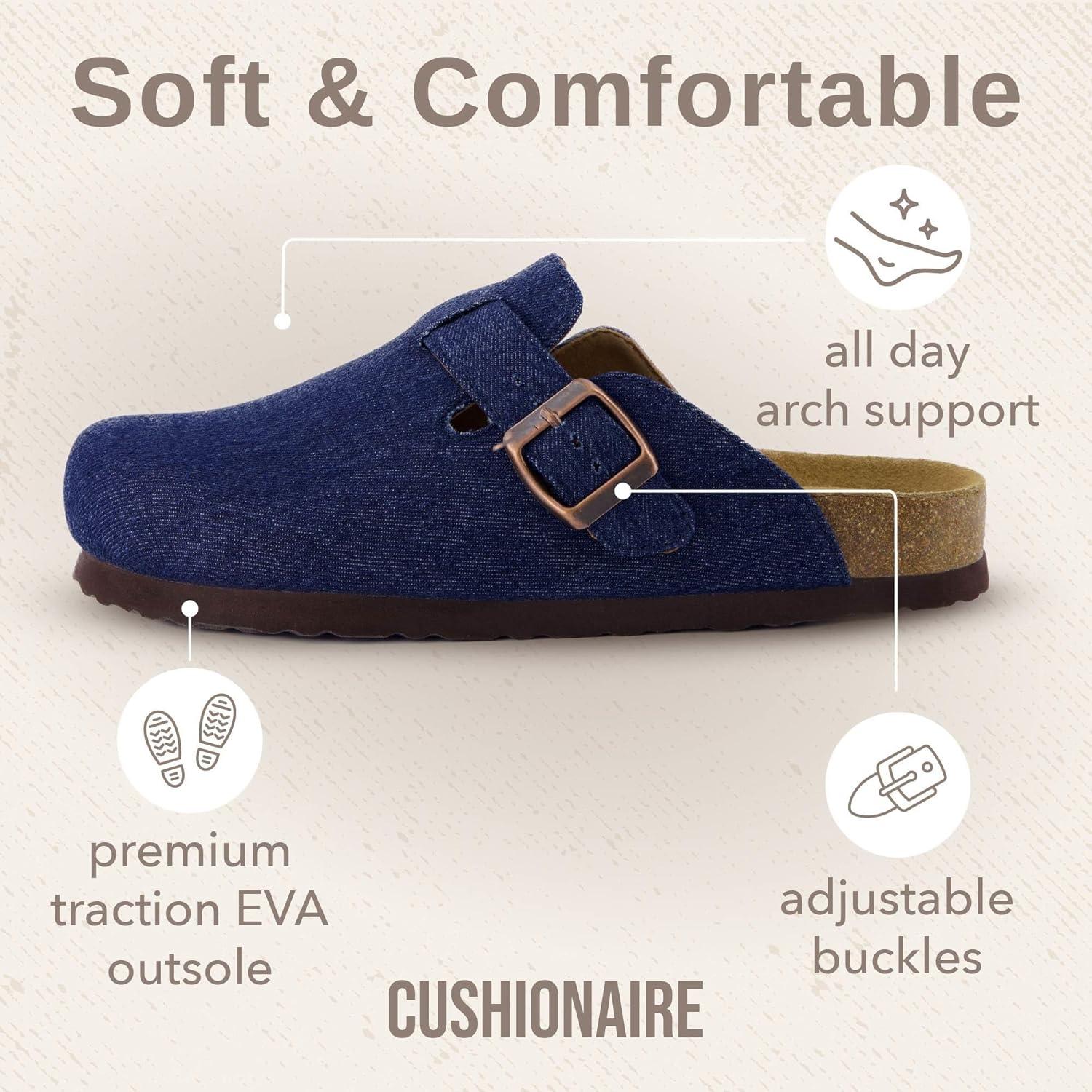 imageCUSHIONAIRE Hana Womens Clogs  Comfortable Vegan Suede Clogs for Women  Slip On Potato Shoes with Cork Footbed ampamp Arch Support  Memory Foam Wide Widths AvailableDark Denim