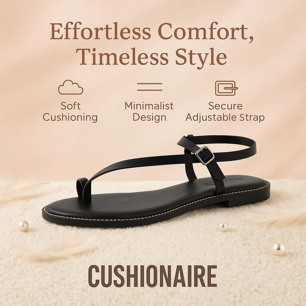 imageCUSHIONAIRE Life Strappy Flat Thong Sandals for Women with Toe Loop Memory Foam and Adjustable Ankle Strap Womens SandalsBlack