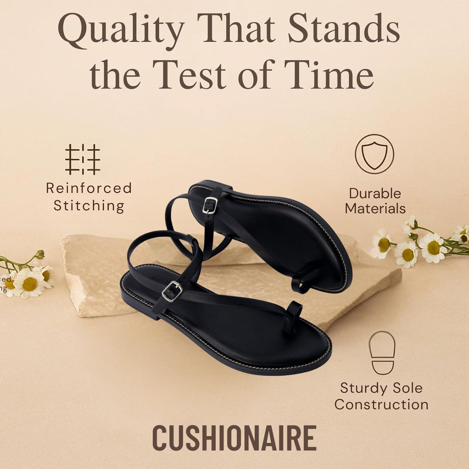 imageCUSHIONAIRE Life Strappy Flat Thong Sandals for Women with Toe Loop Memory Foam and Adjustable Ankle Strap Womens SandalsBlack