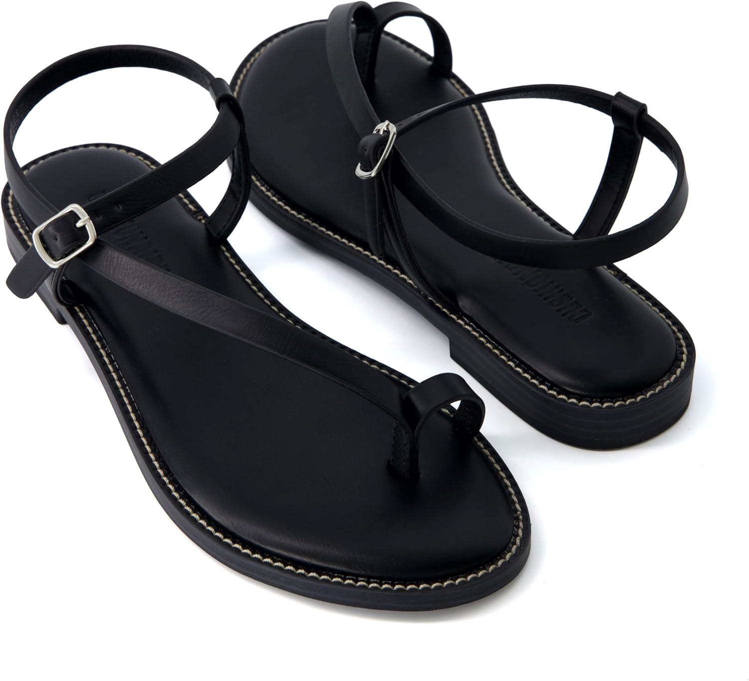imageCUSHIONAIRE Life Strappy Flat Thong Sandals for Women with Toe Loop Memory Foam and Adjustable Ankle Strap Womens SandalsBlack