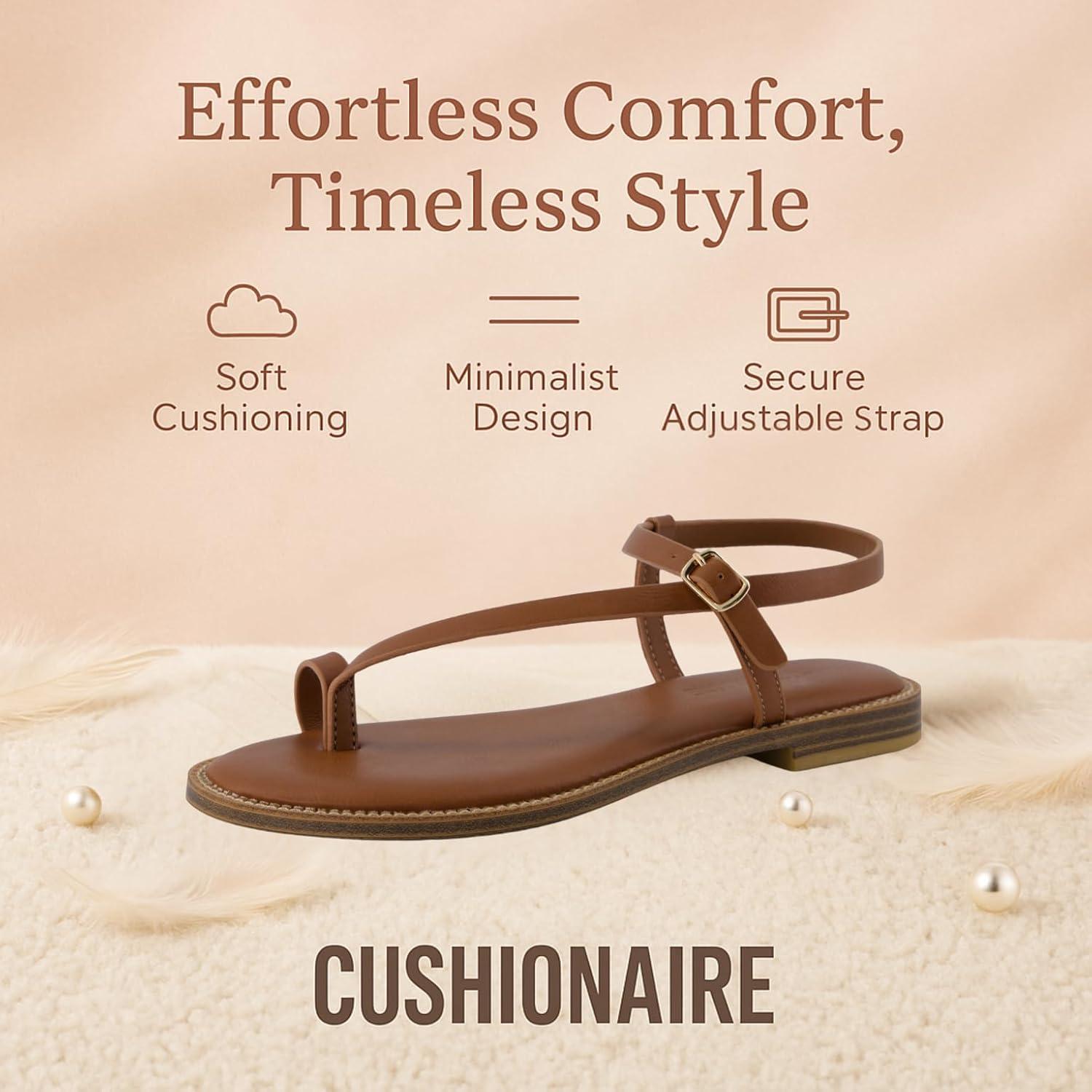 imageCUSHIONAIRE Life Strappy Flat Thong Sandals for Women with Toe Loop Memory Foam and Adjustable Ankle Strap Womens SandalsWhiskey