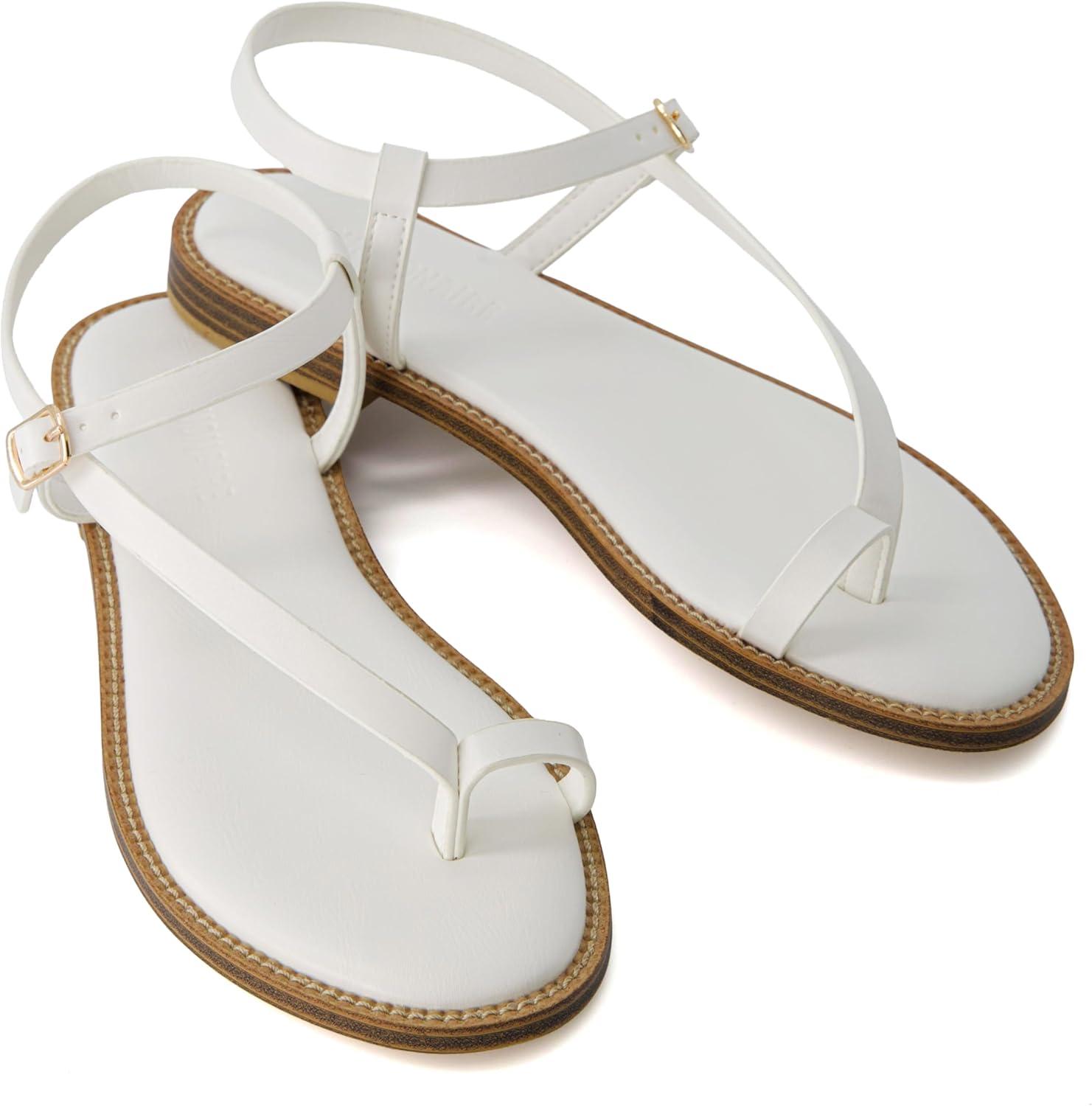 imageCUSHIONAIRE Life Strappy Flat Thong Sandals for Women with Toe Loop Memory Foam and Adjustable Ankle Strap Womens SandalsWhite