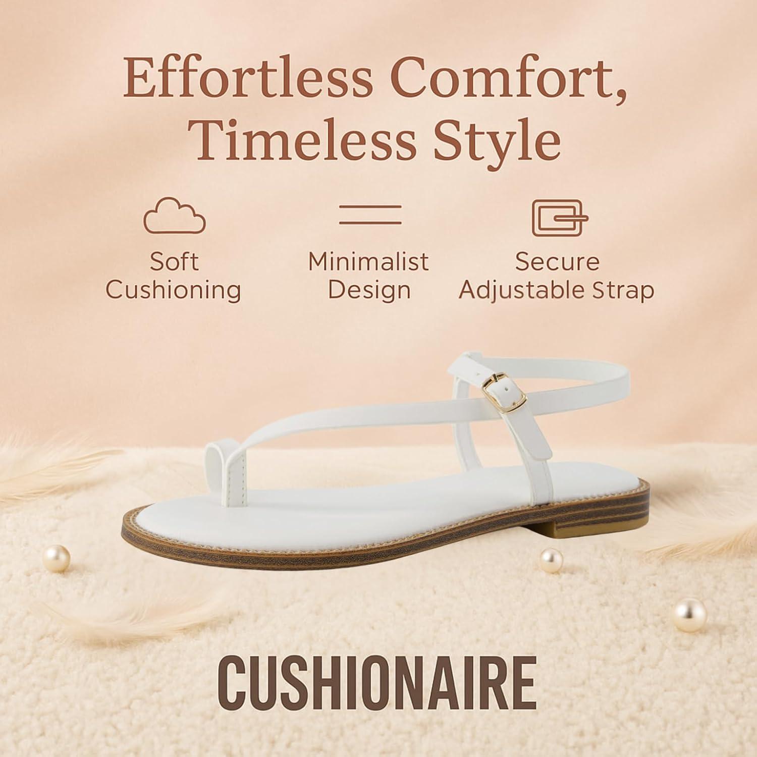 imageCUSHIONAIRE Life Strappy Flat Thong Sandals for Women with Toe Loop Memory Foam and Adjustable Ankle Strap Womens SandalsWhite
