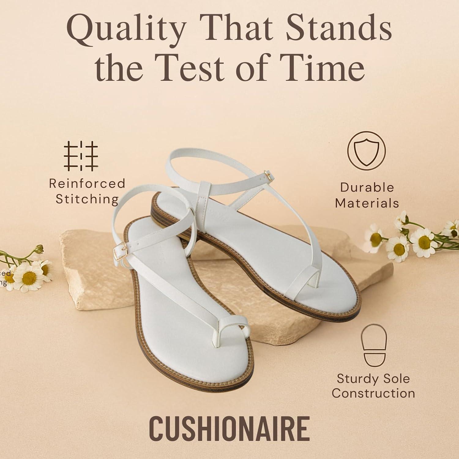 imageCUSHIONAIRE Life Strappy Flat Thong Sandals for Women with Toe Loop Memory Foam and Adjustable Ankle Strap Womens SandalsWhite