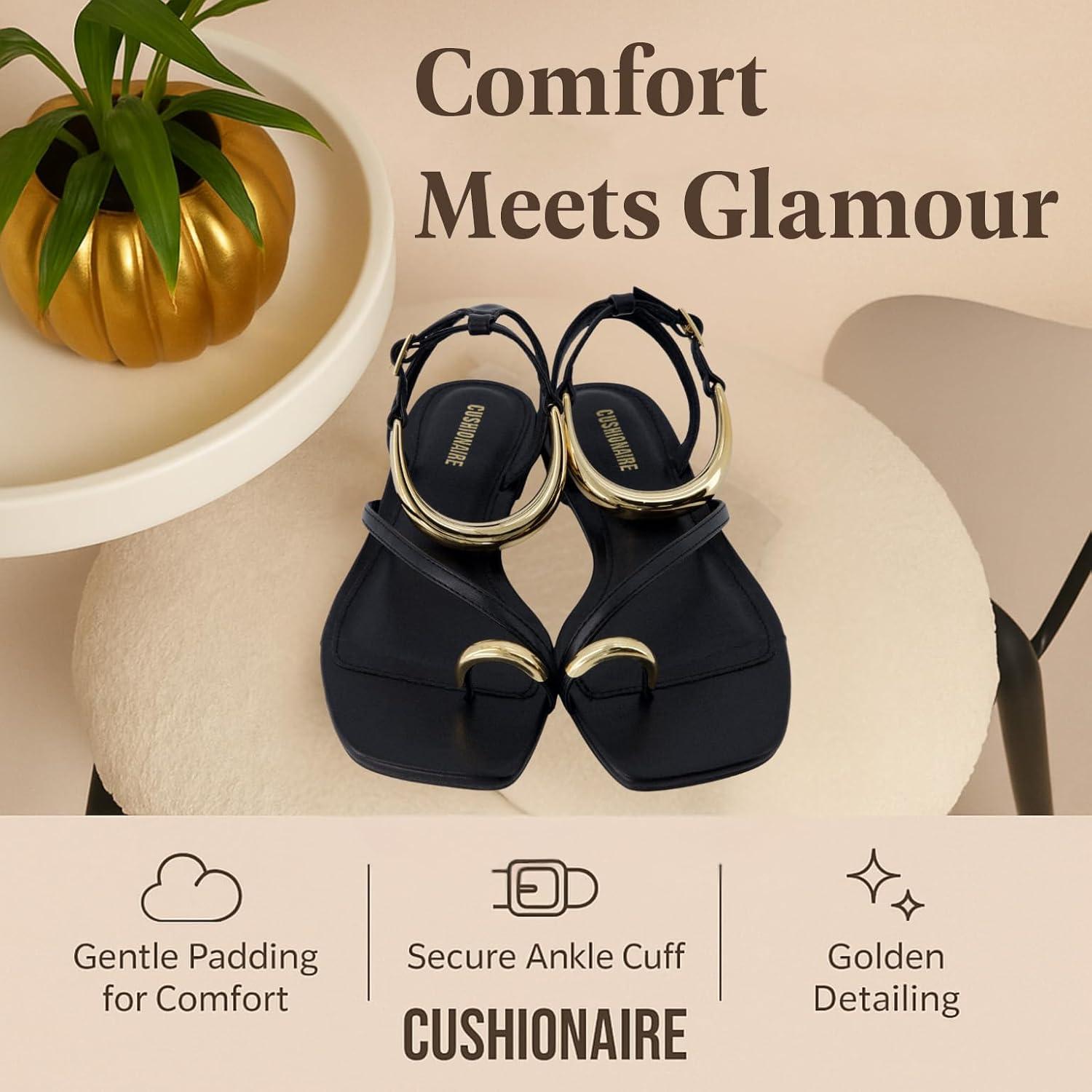 imageCUSHIONAIRE Secret Flat Sandals for Women with Gold Ankle Cuff and Toe Ring Strap Vegan Leather Dress SandalsBlack