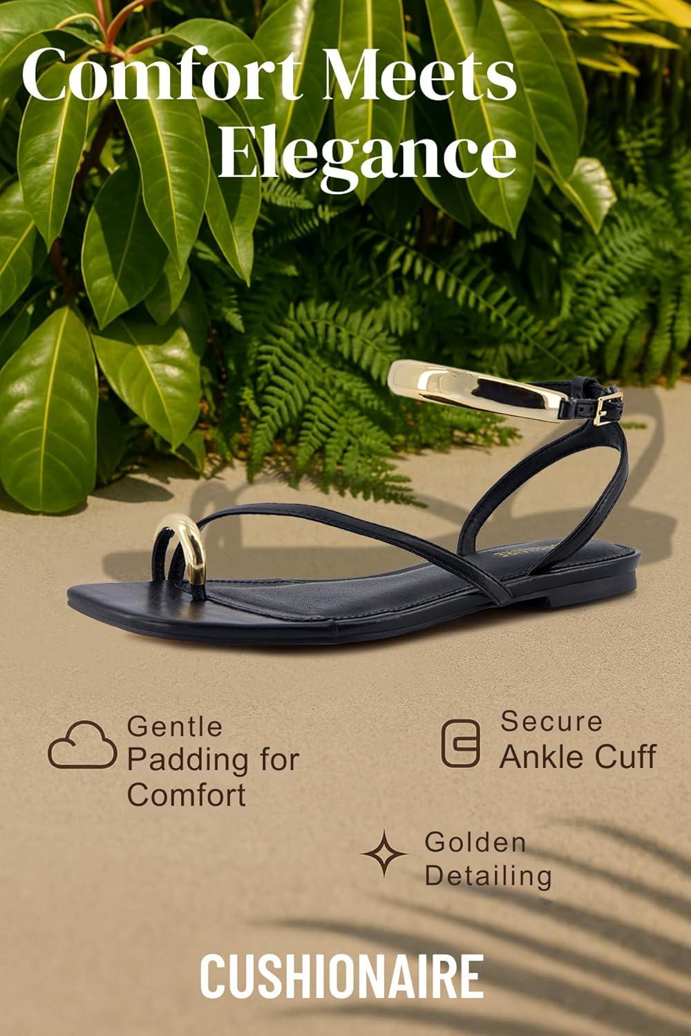 imageCUSHIONAIRE Secret Flat Sandals for Women with Gold Ankle Cuff and Toe Ring Strap Vegan Leather Dress SandalsBlack
