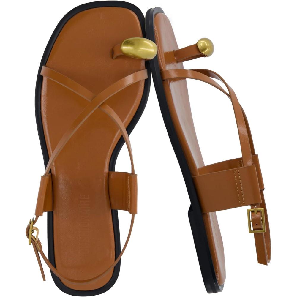 imageCUSHIONAIRE Corfu Flat Sandals for Women  Strappy Design with Toe Loop and Adjustable Ankle Strap  Lightweight Summer Dress SandalCognac