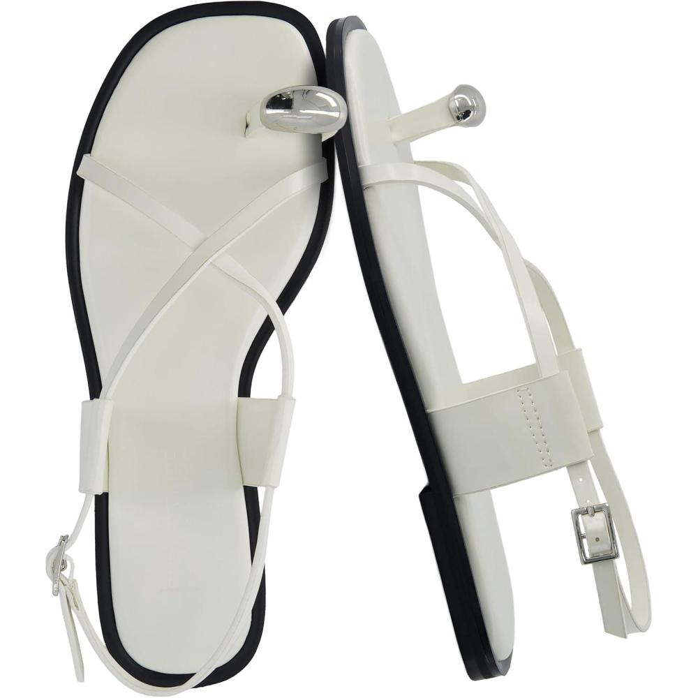 imageCUSHIONAIRE Corfu Flat Sandals for Women  Strappy Design with Toe Loop and Adjustable Ankle Strap  Lightweight Summer Dress SandalWhite