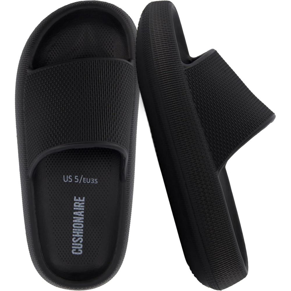 imageCUSHIONAIRE Feather EVA Slides for Women  Comfortable Slip On Womens Slippers Indoor Outdoor Shower Shoes Beach Essential Cloud SlidesBlack