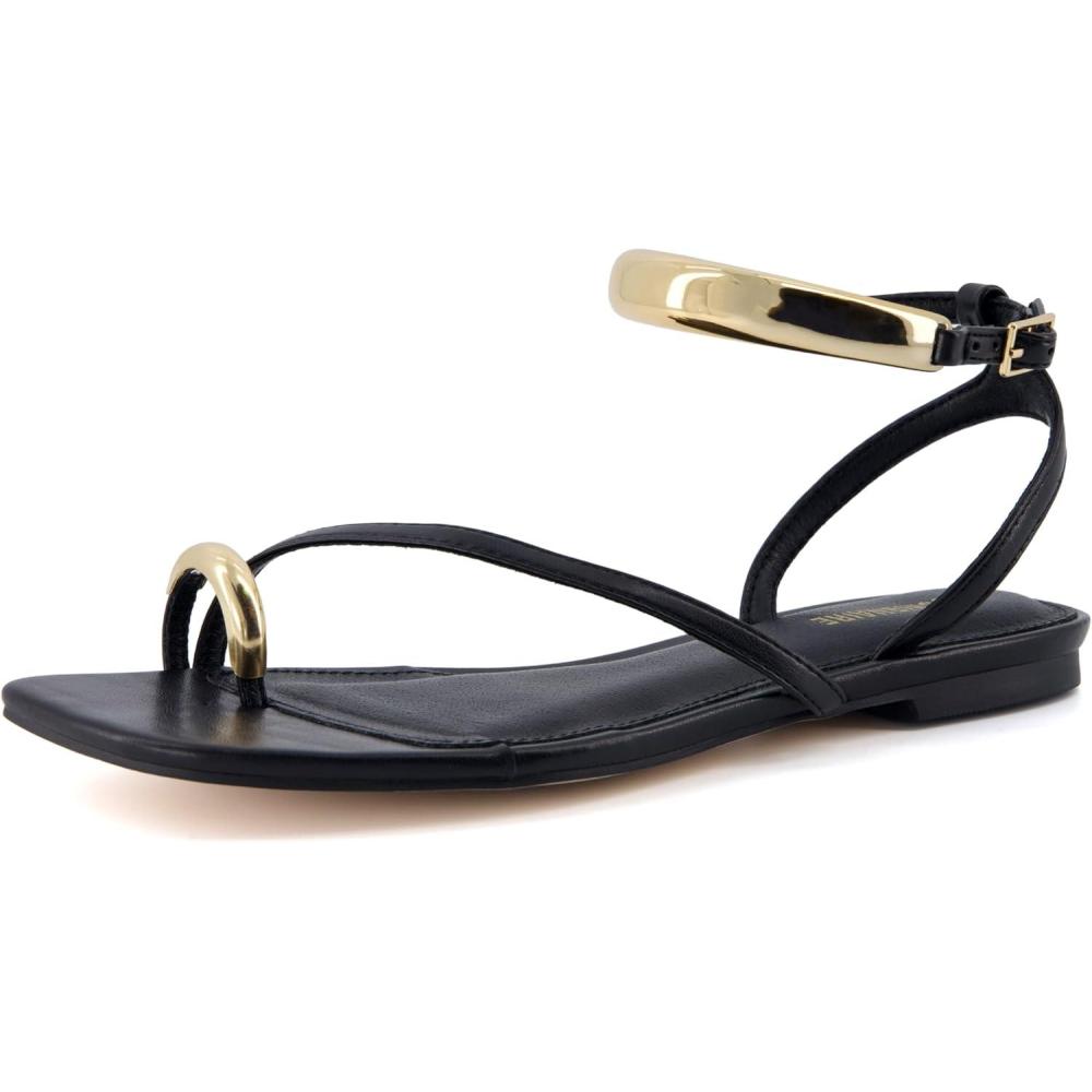 imageCUSHIONAIRE Secret Flat Sandals for Women with Gold Ankle Cuff and Toe Ring Strap Vegan Leather Dress SandalsBlack