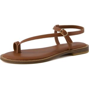 imageCUSHIONAIRE Life Strappy Flat Thong Sandals for Women with Toe Loop Memory Foam and Adjustable Ankle Strap Womens SandalsWhiskey