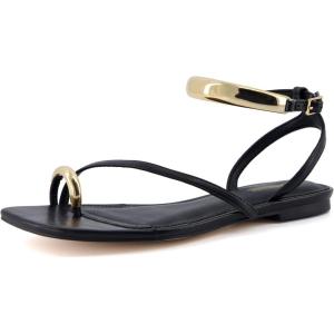 imageCUSHIONAIRE Secret Flat Sandals for Women with Gold Ankle Cuff and Toe Ring Strap Vegan Leather Dress SandalsBlack