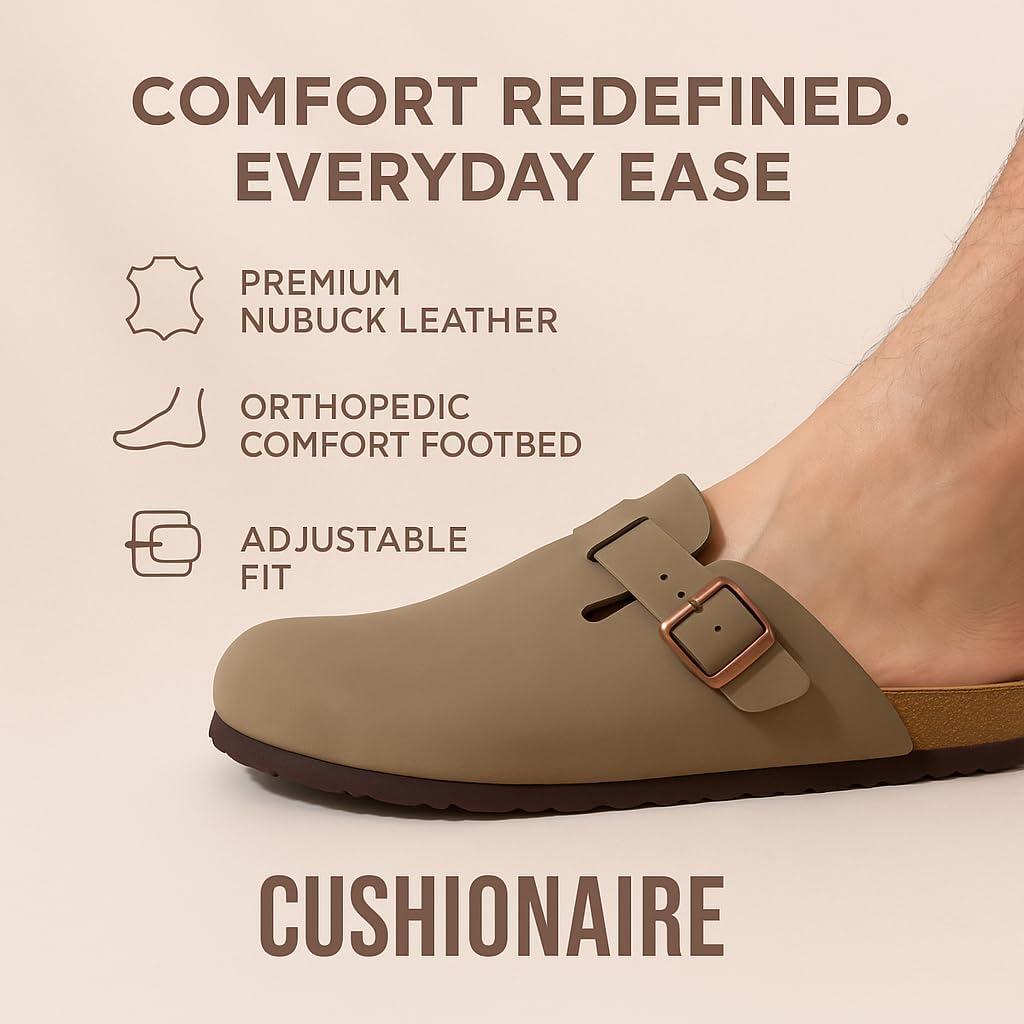imageCUSHIONAIRE Haze Mens Clogs  Comfortable SlipOn Clogs for Men with Arch Support and Cork Suede Footbed  Perfect Potato Shoes for Indoor ampamp Outdoor UseBrown Nubuck
