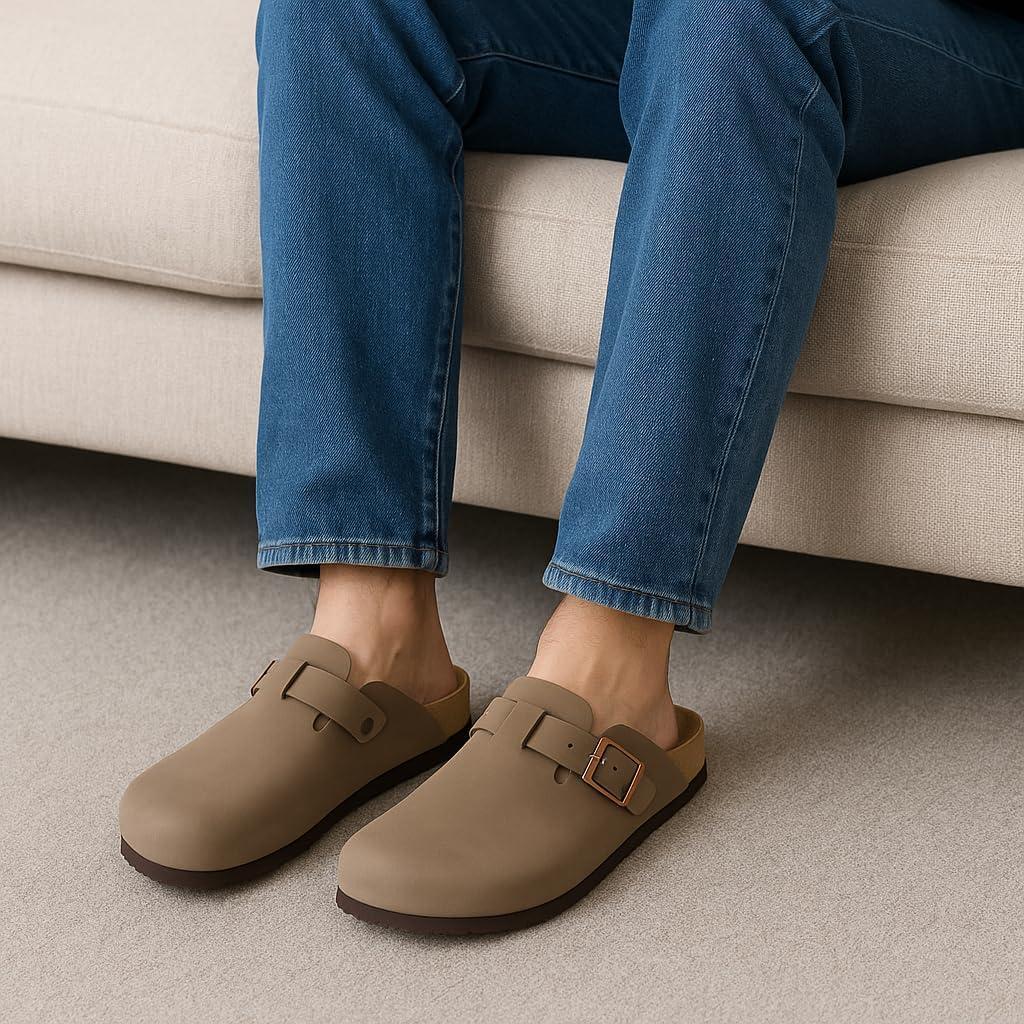 imageCUSHIONAIRE Haze Mens Clogs  Comfortable SlipOn Clogs for Men with Arch Support and Cork Suede Footbed  Perfect Potato Shoes for Indoor ampamp Outdoor UseBrown Nubuck