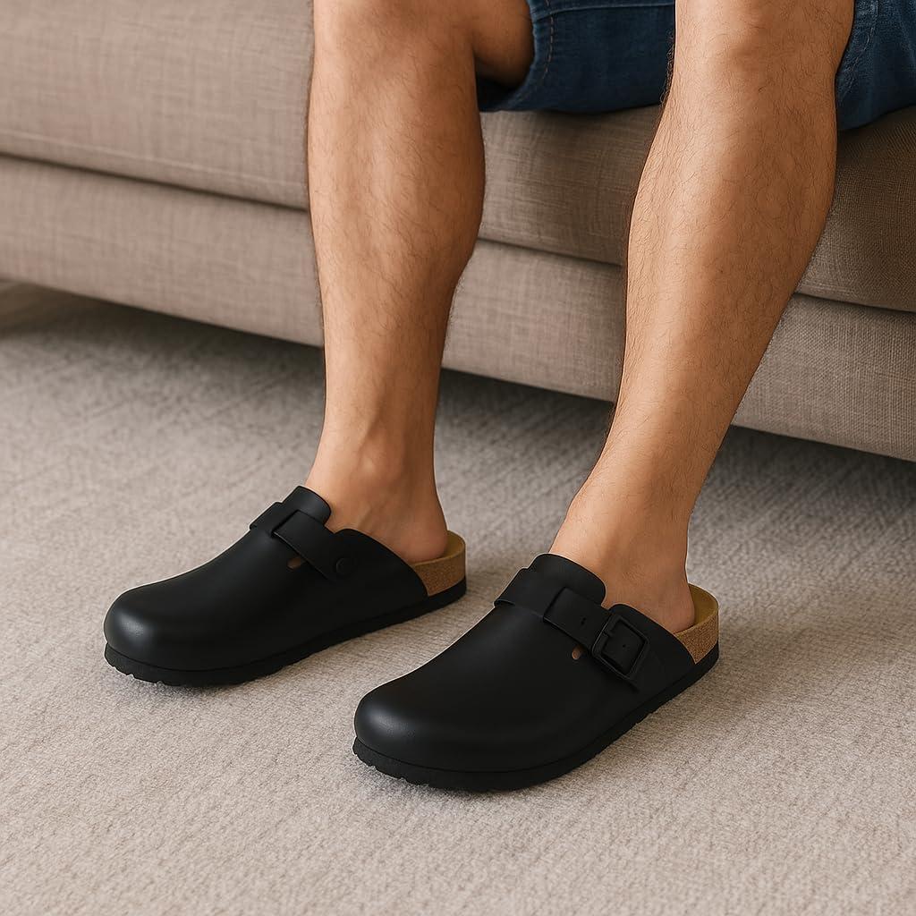 imageCUSHIONAIRE Haze Mens Clogs  Comfortable SlipOn Clogs for Men with Arch Support and Cork Suede Footbed  Perfect Potato Shoes for Indoor ampamp Outdoor UseBlack Nappa