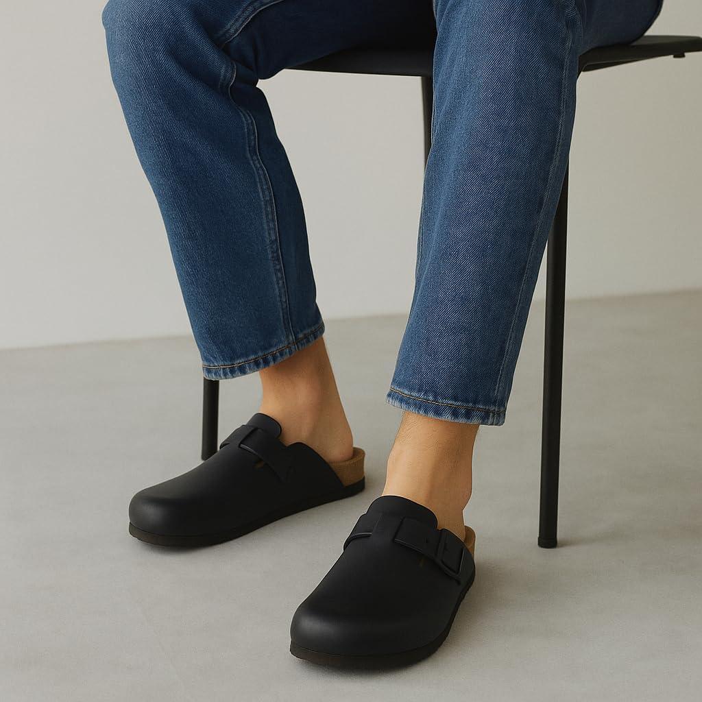 imageCUSHIONAIRE Haze Mens Clogs  Comfortable SlipOn Clogs for Men with Arch Support and Cork Suede Footbed  Perfect Potato Shoes for Indoor ampamp Outdoor UseBlack Nappa