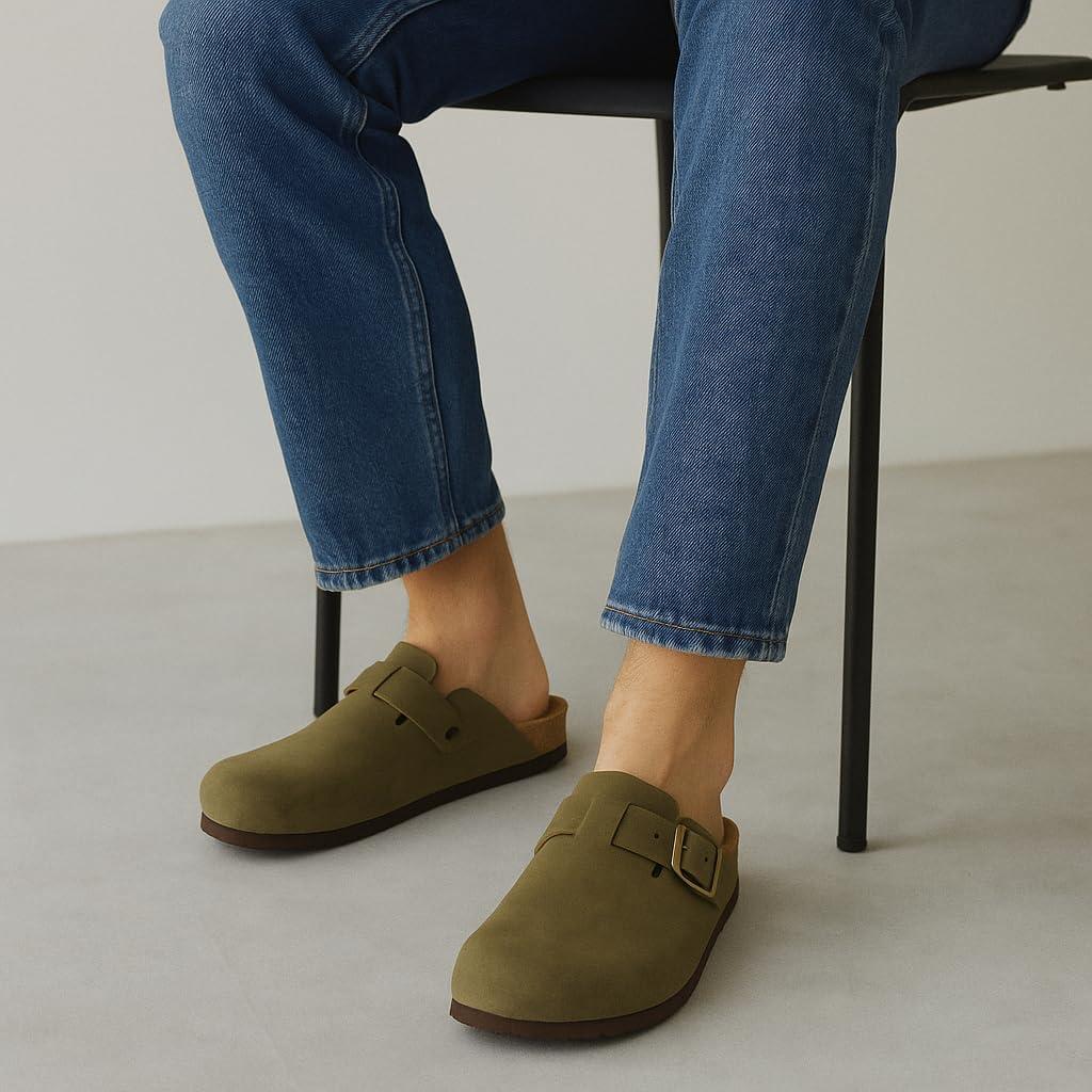 imageCUSHIONAIRE Haze Mens Clogs  Comfortable SlipOn Clogs for Men with Arch Support and Cork Suede Footbed  Perfect Potato Shoes for Indoor ampamp Outdoor UseOlive Nubuck