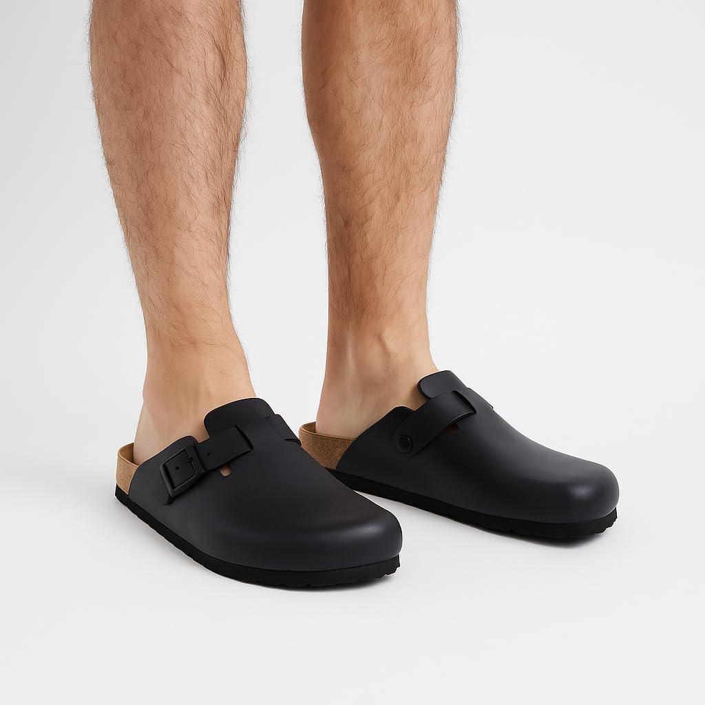imageCUSHIONAIRE Haze Mens Clogs  Comfortable SlipOn Clogs for Men with Arch Support and Cork Suede Footbed  Perfect Potato Shoes for Indoor ampamp Outdoor UseBlack Nappa