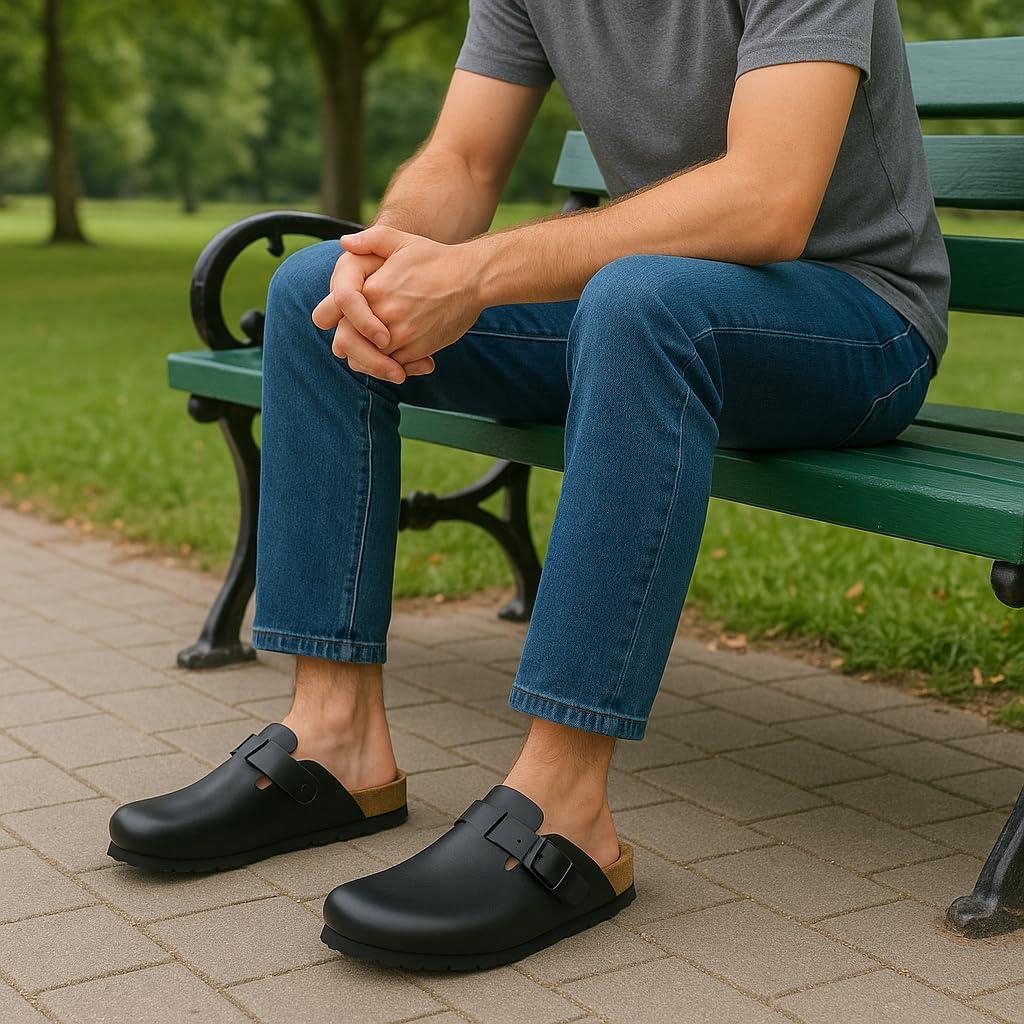 imageCUSHIONAIRE Haze Mens Clogs  Comfortable SlipOn Clogs for Men with Arch Support and Cork Suede Footbed  Perfect Potato Shoes for Indoor ampamp Outdoor UseBlack Nappa