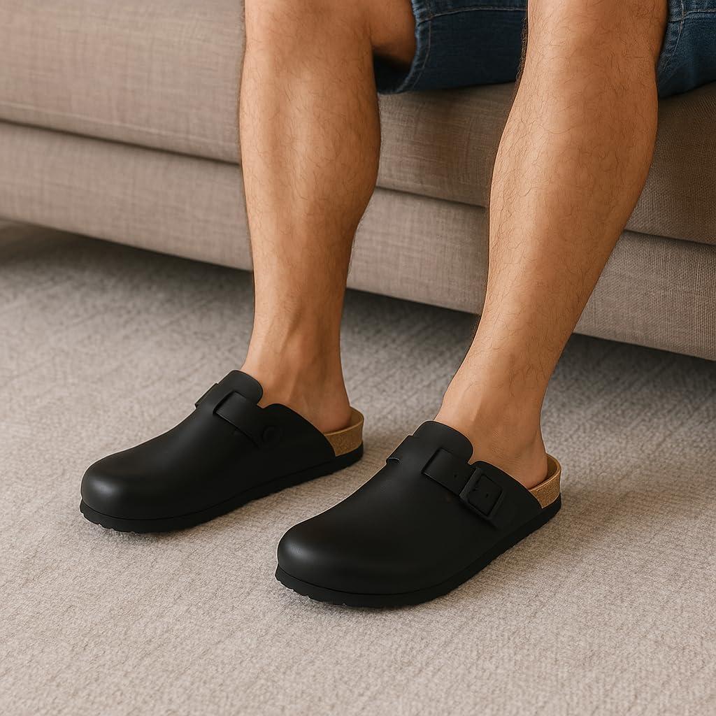 imageCUSHIONAIRE Haze Mens Clogs  Comfortable SlipOn Clogs for Men with Arch Support and Cork Suede Footbed  Perfect Potato Shoes for Indoor ampamp Outdoor UseBlack Nappa