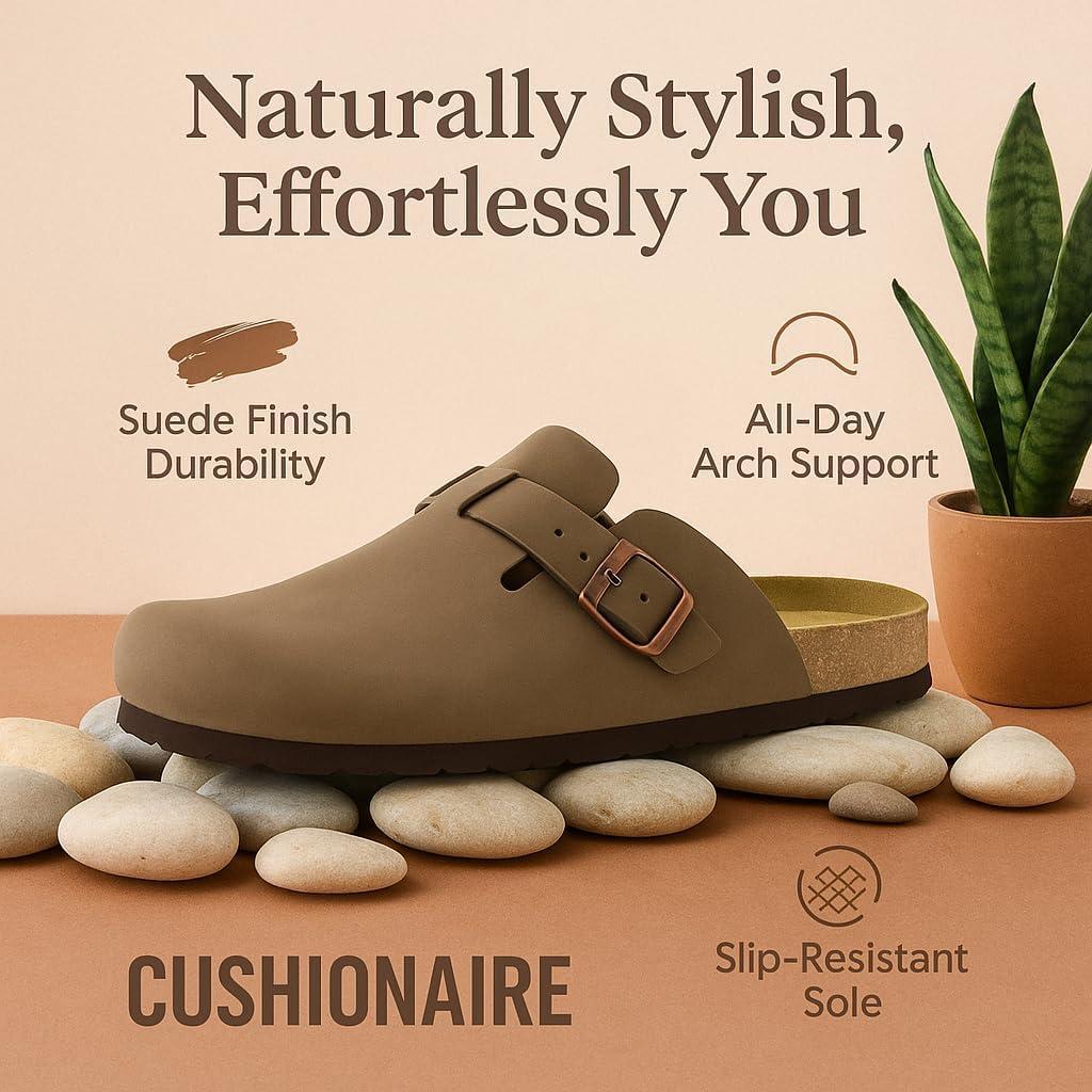 imageCUSHIONAIRE Haze Mens Clogs  Comfortable SlipOn Clogs for Men with Arch Support and Cork Suede Footbed  Perfect Potato Shoes for Indoor ampamp Outdoor UseBrown Nubuck
