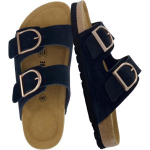 imageCUSHIONAIRE Legacy Cork Footbed Sandals for Women  Leather Double Strap Slides with Adjustable Buckles  Memory FoamBlack